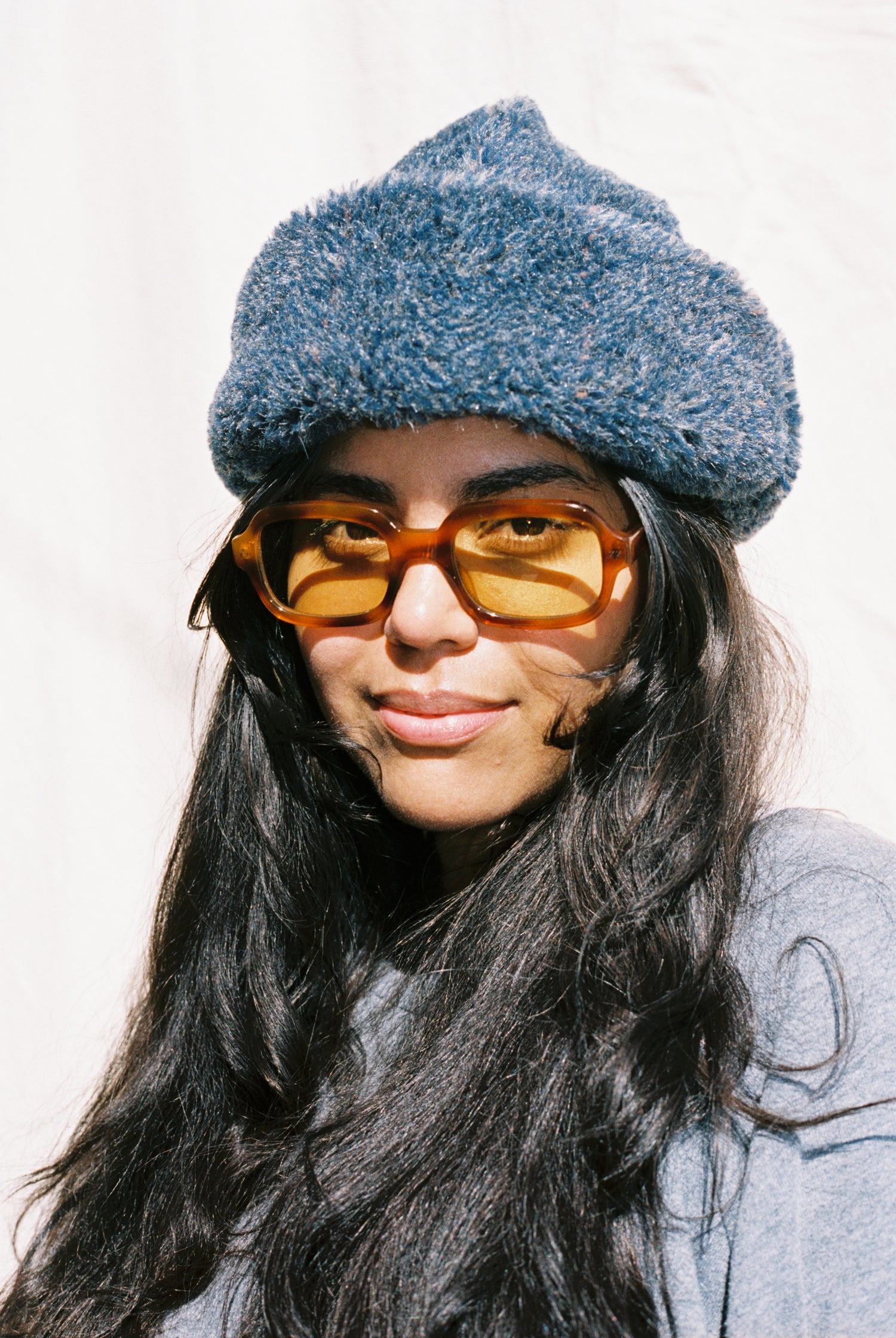 Faux Fur Hat- Marled Denim