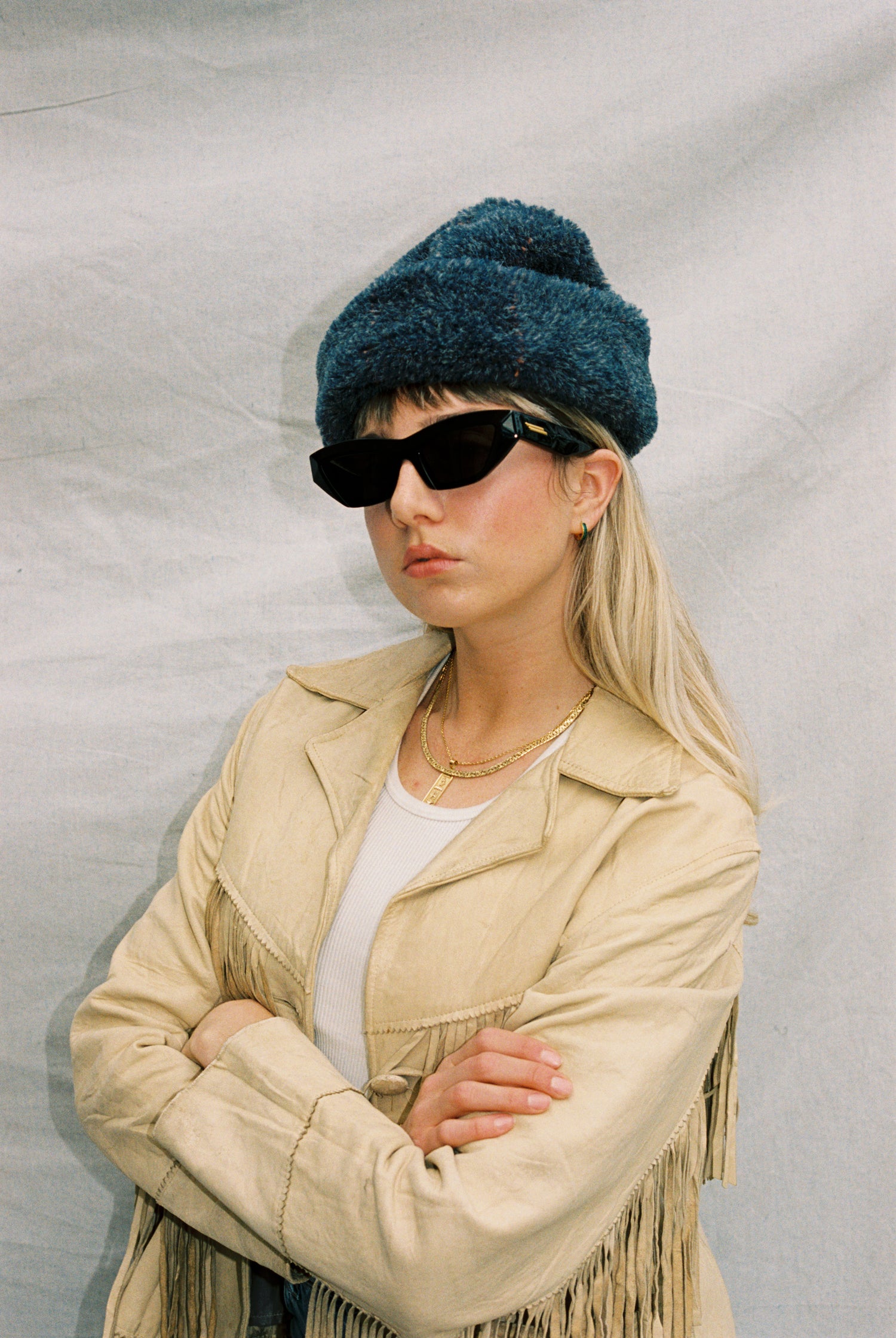 Faux Fur Hat- Marled Denim