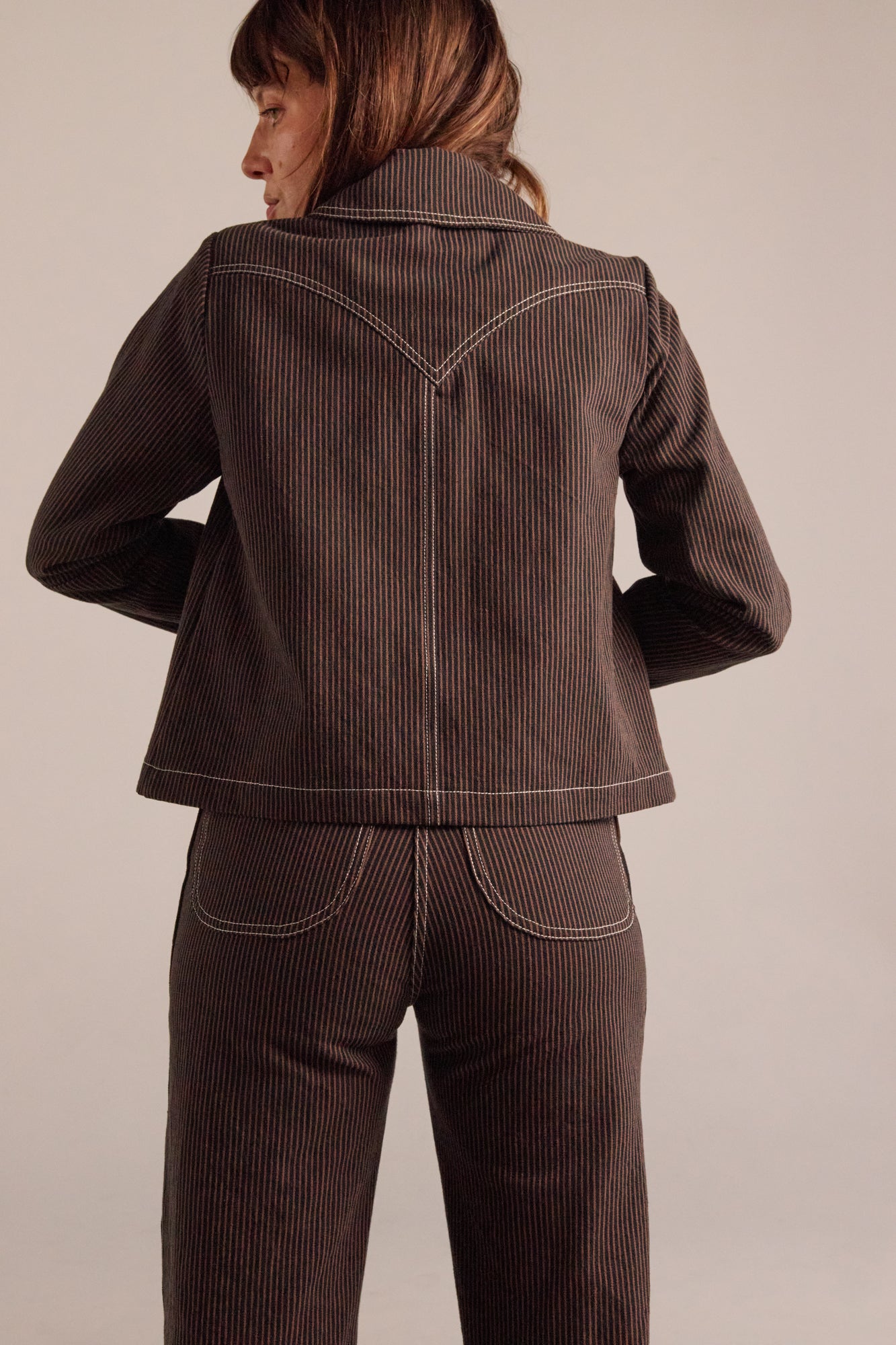 Shrunken Ranch Jacket - Brown Railroad Stripe (New removable sherpa collar)