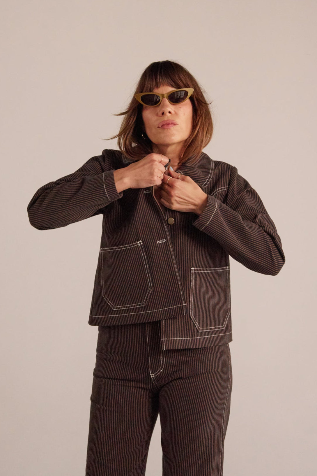 Shrunken Ranch Jacket - Brown Railroad Stripe (New removable sherpa collar)