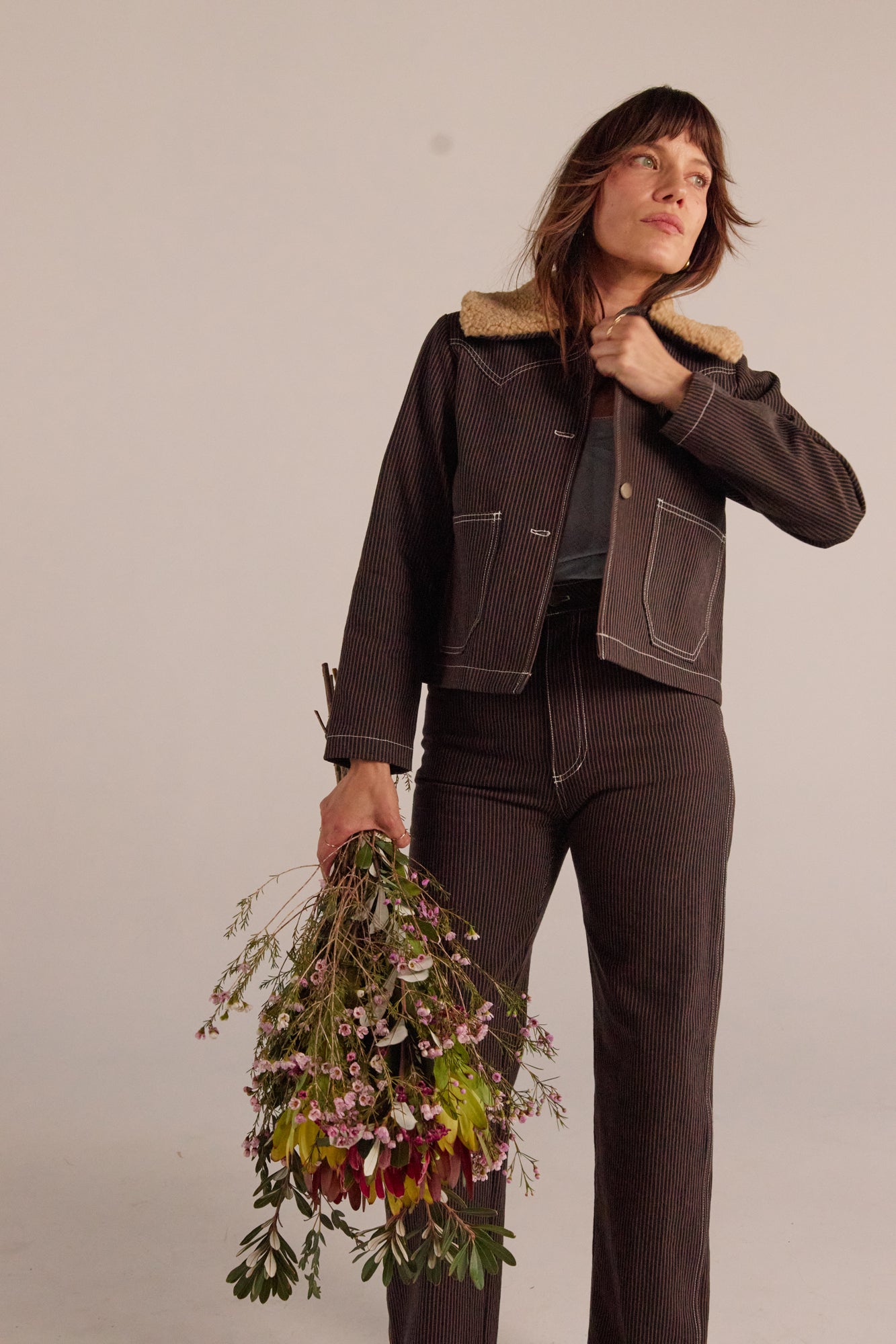 Shrunken Ranch Jacket - Brown Railroad Stripe (New removable sherpa collar)