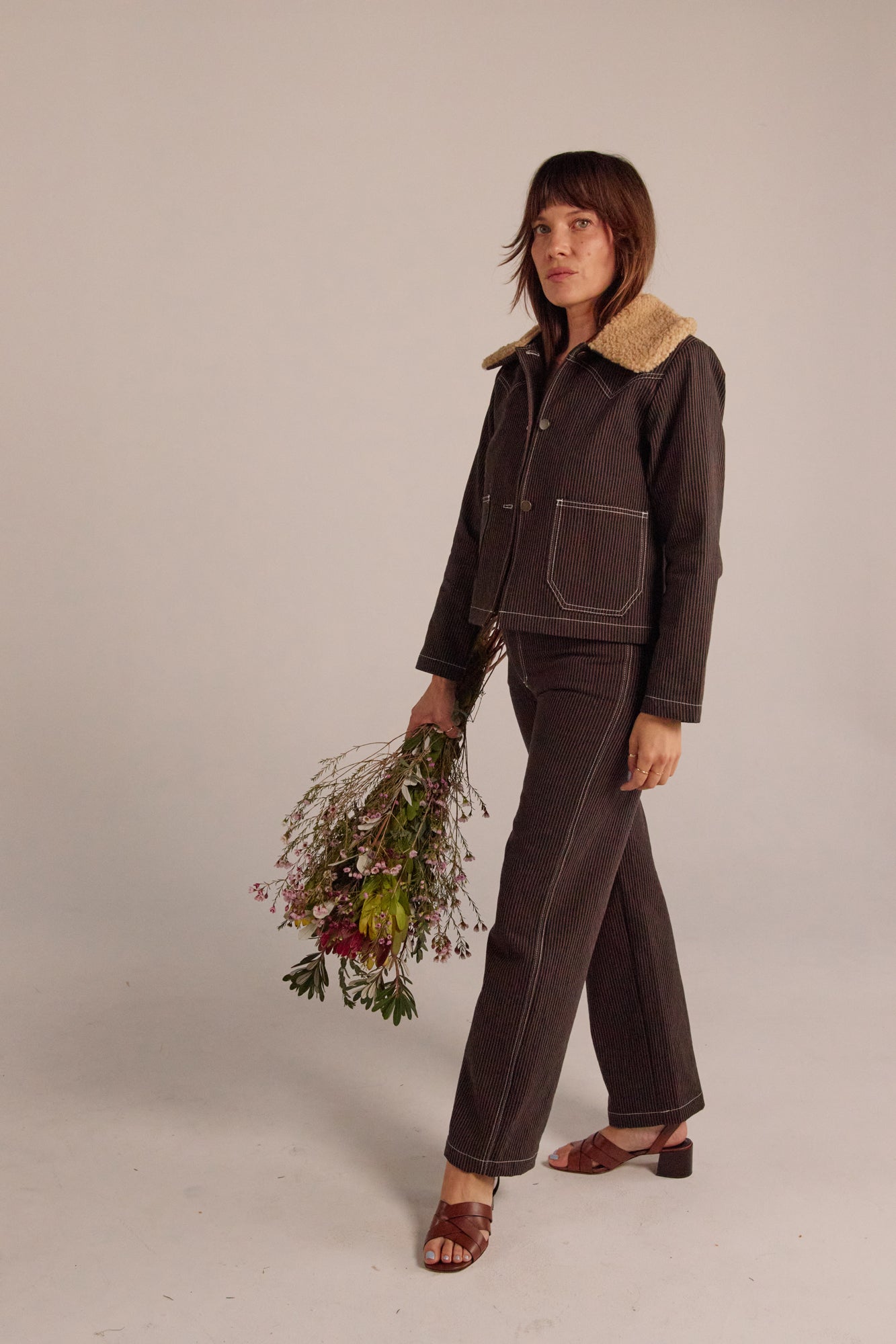 Shrunken Ranch Jacket - Brown Railroad Stripe (New removable sherpa collar)