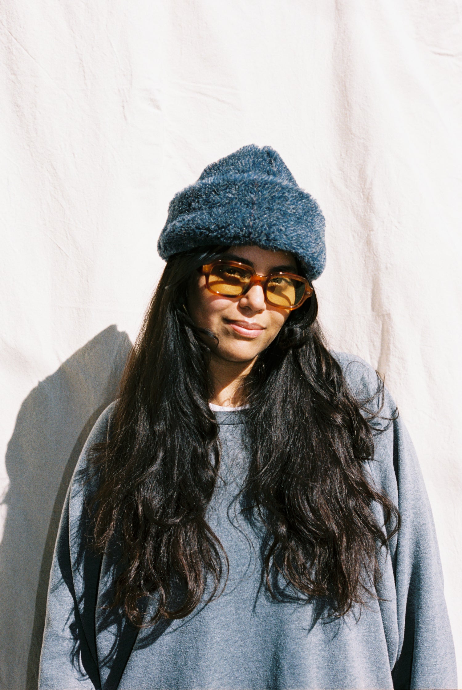 Faux Fur Hat- Marled Denim